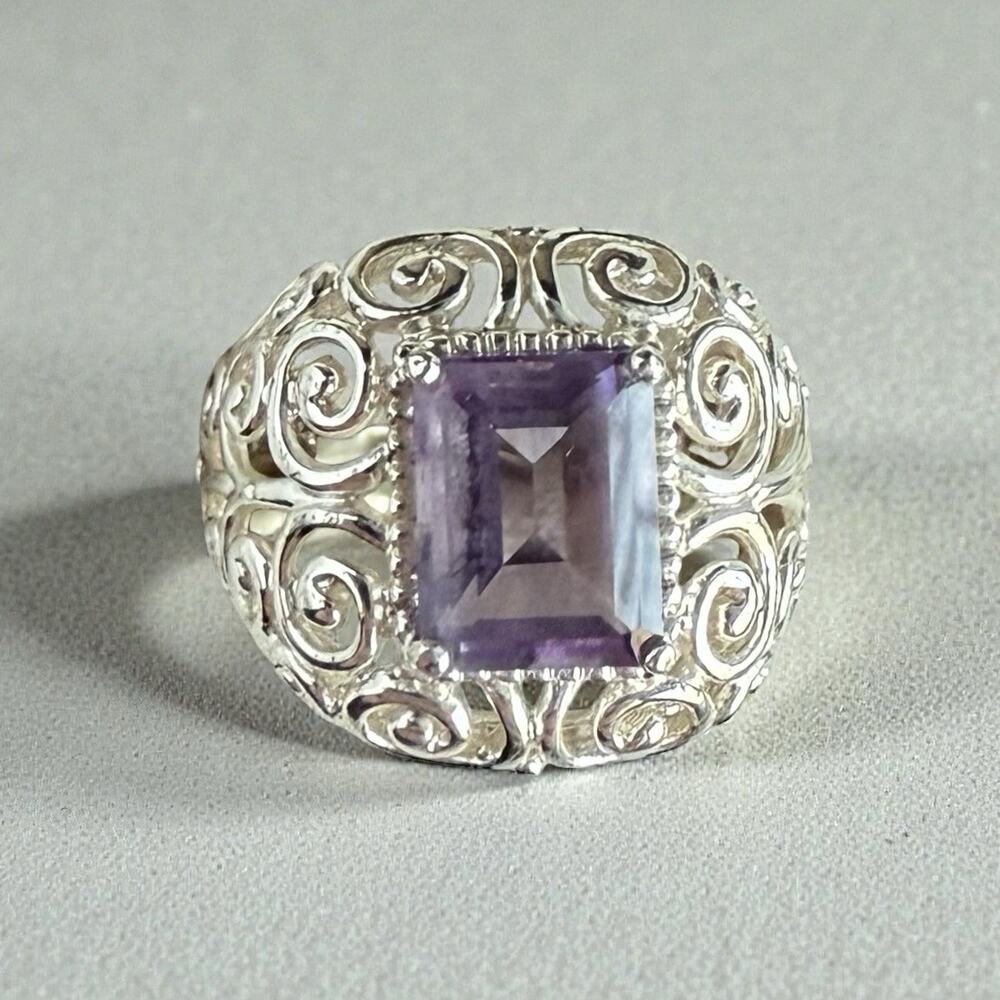 SALE Vintage Sterling Silver Filigree Ring Faux Amethyst Purple Stone Size 8